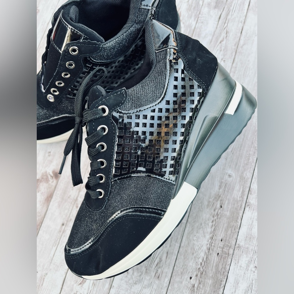 Black High Heeled Wedge Sneakers